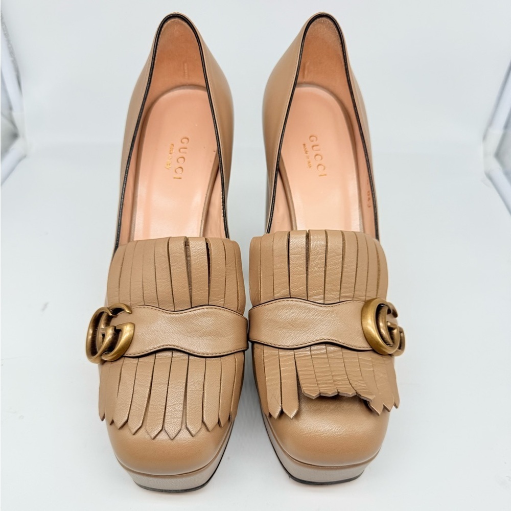 Gucci Tan/Mud Beige GG Marmont Fringe Platform Leather Loafers Pumps EU 38.5 - Picture 2 of 9